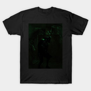 Portrait, digital collage, special processing. Bizarre. Dark man figure, like pirate. Death itself. Weird room, green, emboss. T-Shirt